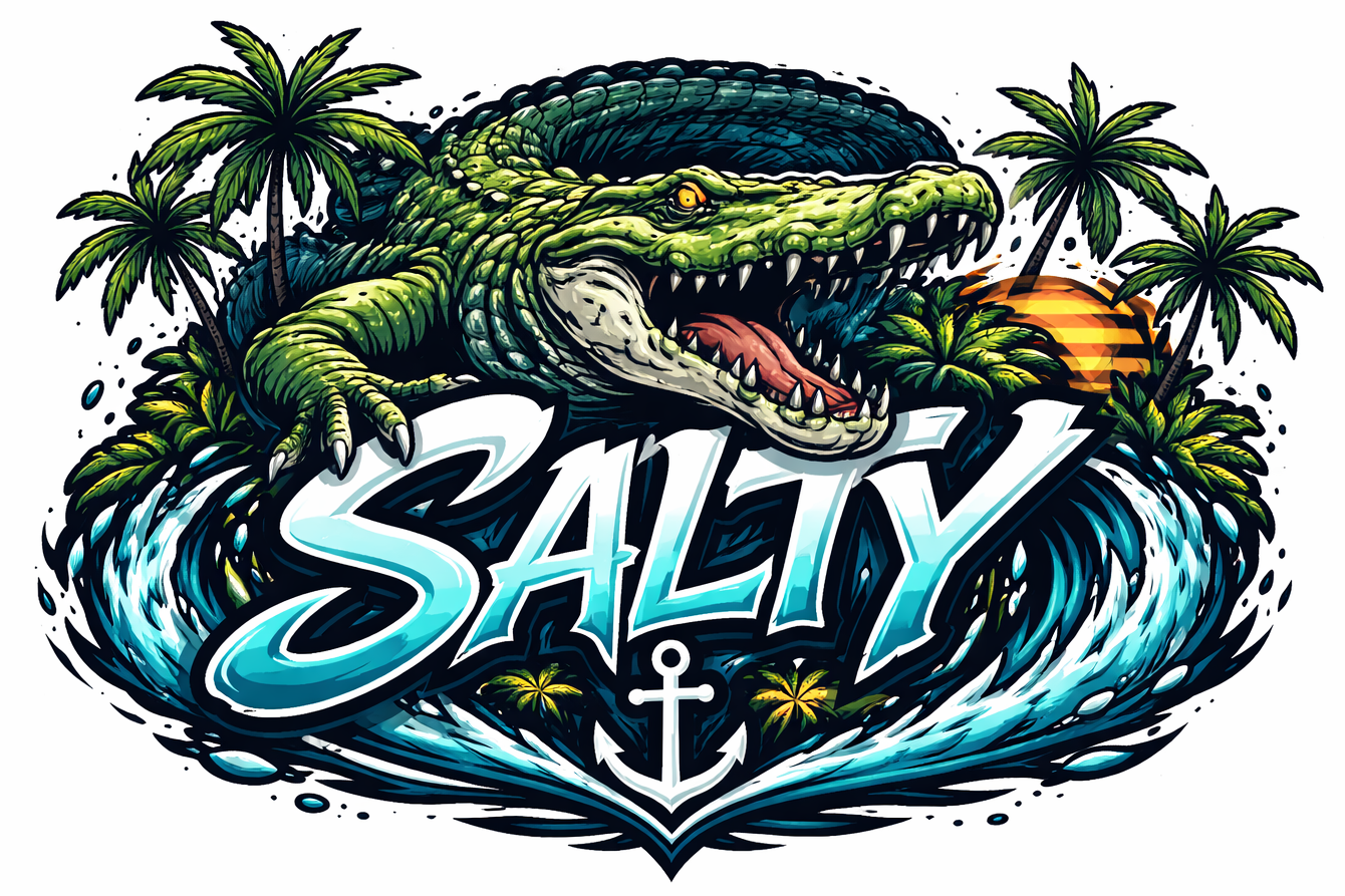 Logo with a crocodile, palm trees, and the word 'Salty' on a white background